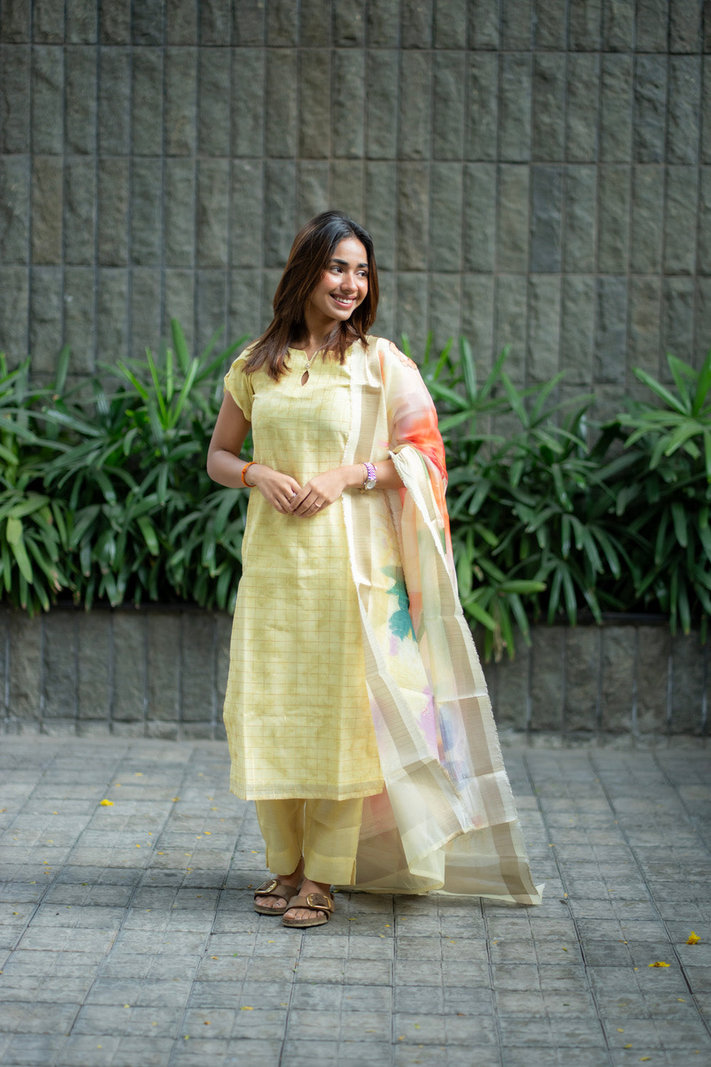 AA271 Yellow Checks Digital Silk Salwar