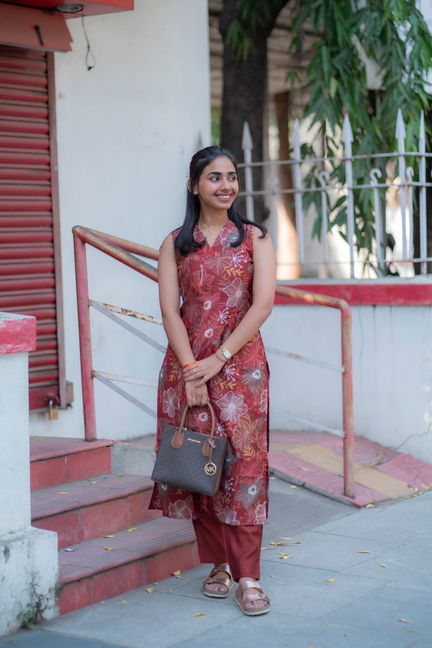 AA091 Muslin Silk Maroon Floral Co Ord Set
