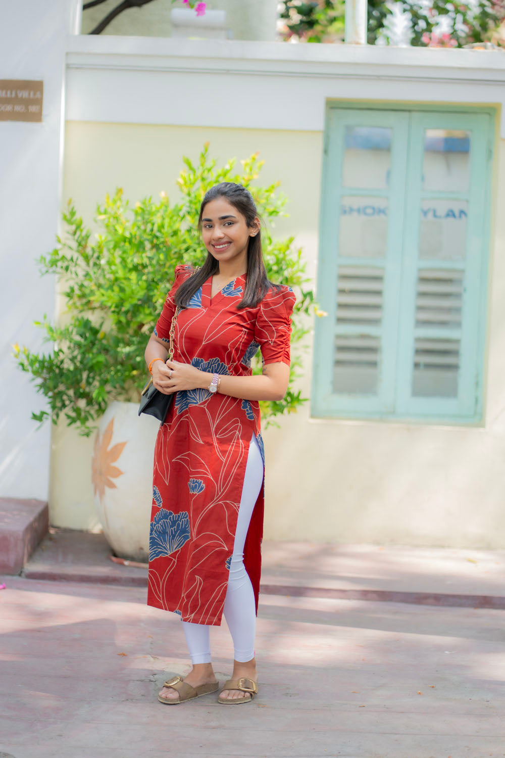 AA221  Cherry Red Butter Cotton Floral Kurti