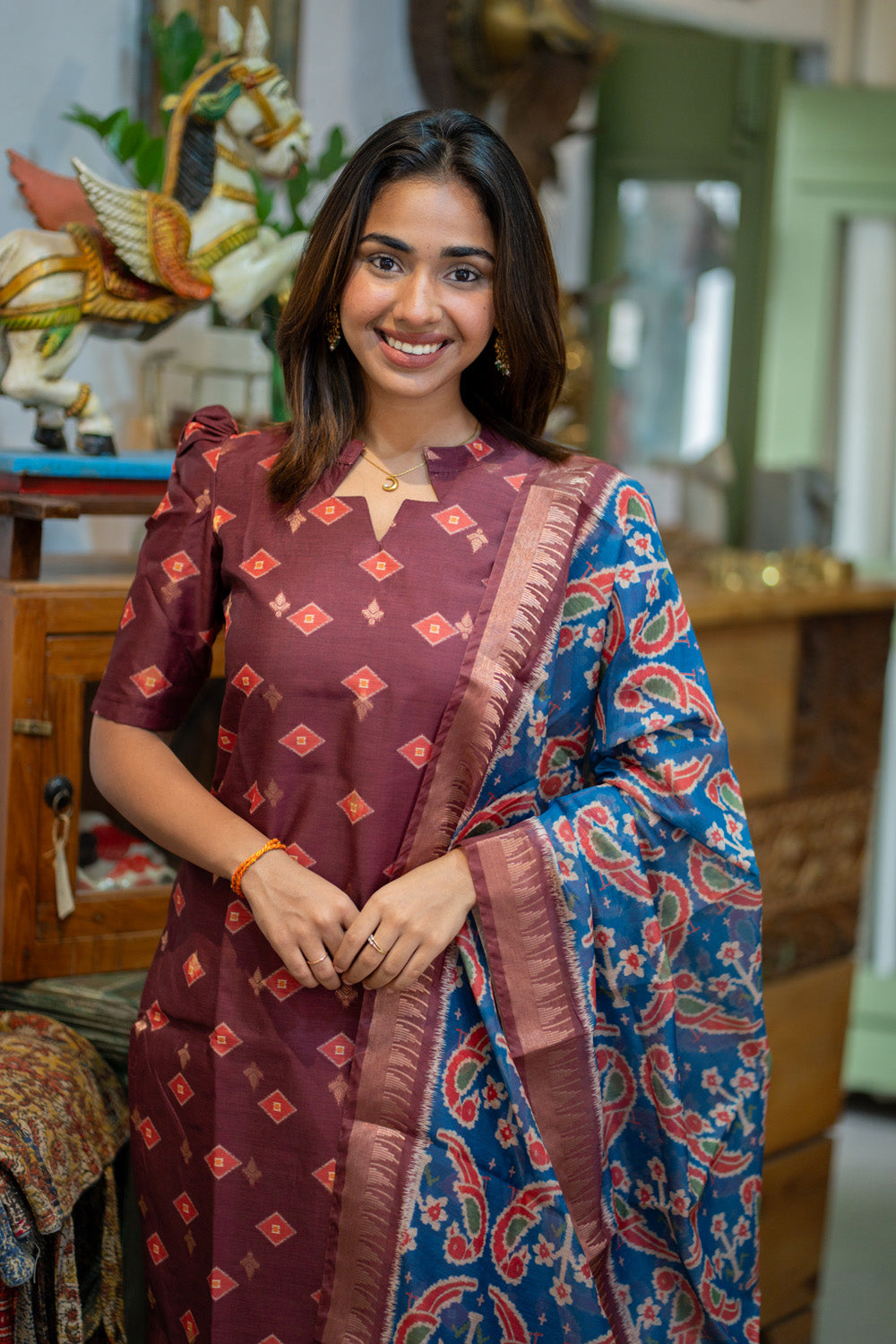 Brown with Blue combo Malai Chanderi Salwar Set with Patola Print Dupatta