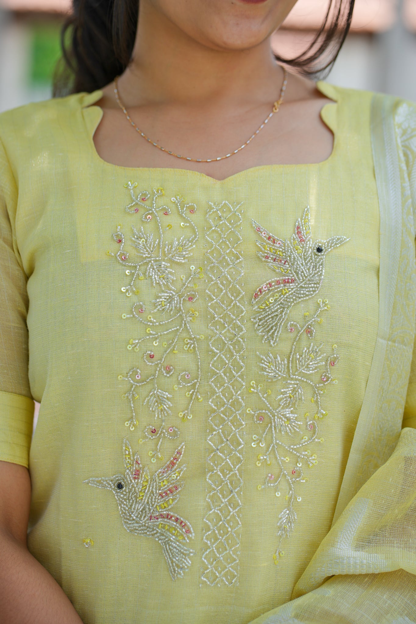 AA127 Pastel Yellow with pink combo Bead Work Tissue Silk 3 Pc Set