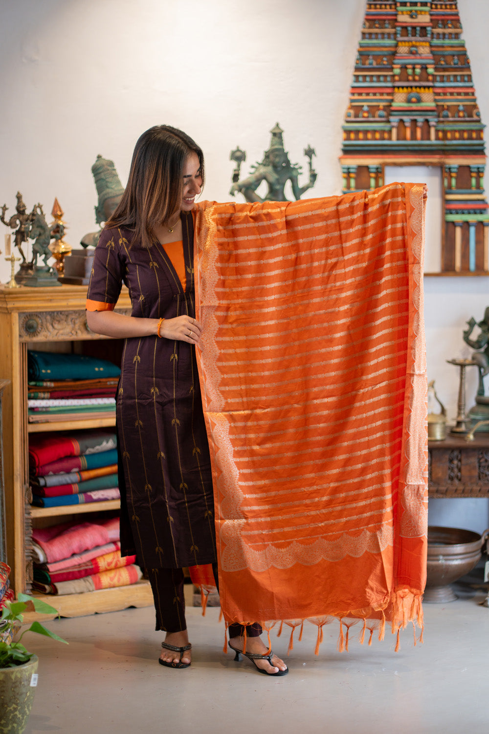 Brown Parrot Print Raw Silk Kurti & Pant  with Orange Jacquard  Silk Dupatta (Neck & Sleeve Patched with Orange Silk Fabric)