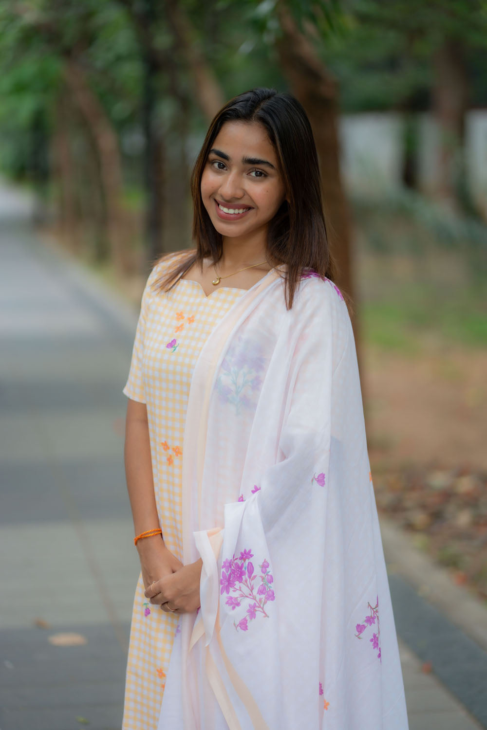 AA247 Yellow with White Checks Floral Cambric Cotton Salwar set
