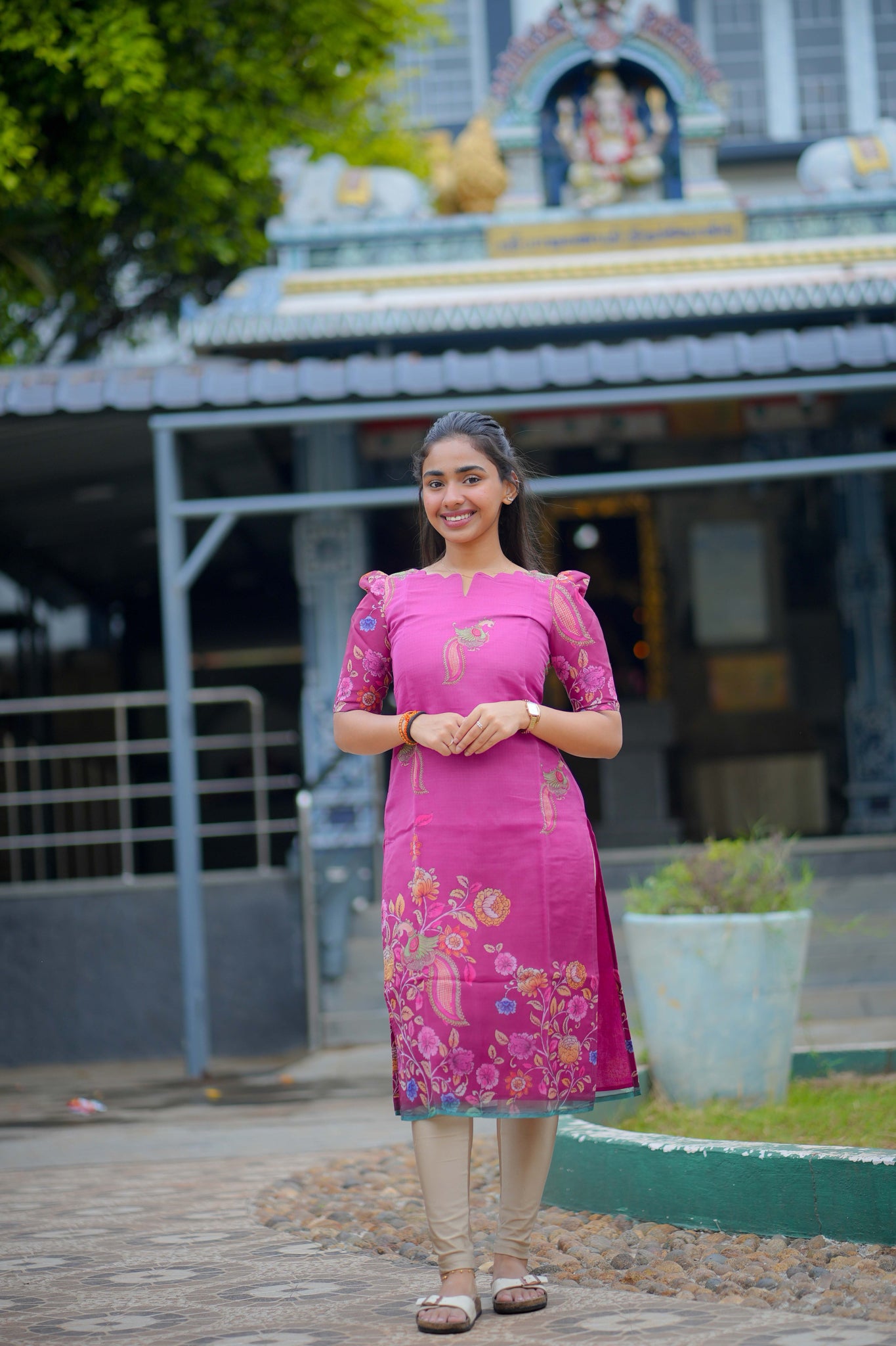 AA112 Pink Floral Peacock Organza Kurti