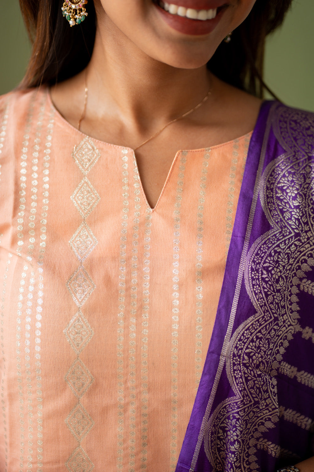 Peach Chanderi Diamond Stripes & Butta Kurti with Violet Banarasi Jacquard Dupatta