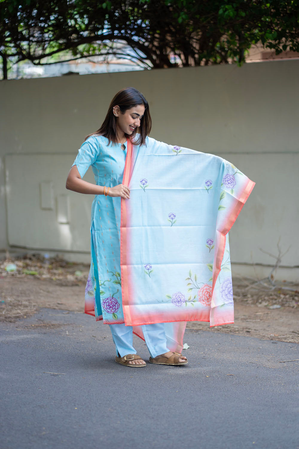 AA254 Blue with Golden motifs & Floral Print Kota Cotton Salwar Set