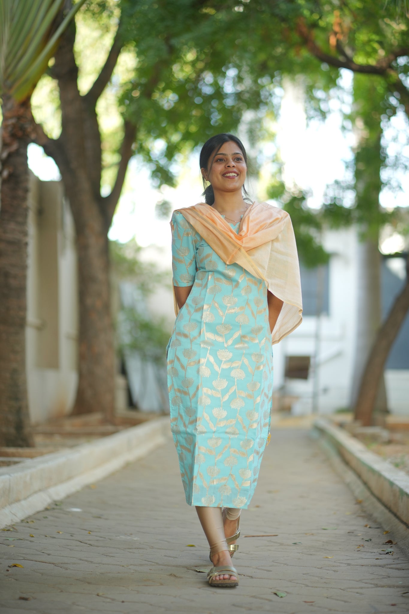 AA109 Blue with Peach Silk Kurti with Dupatta