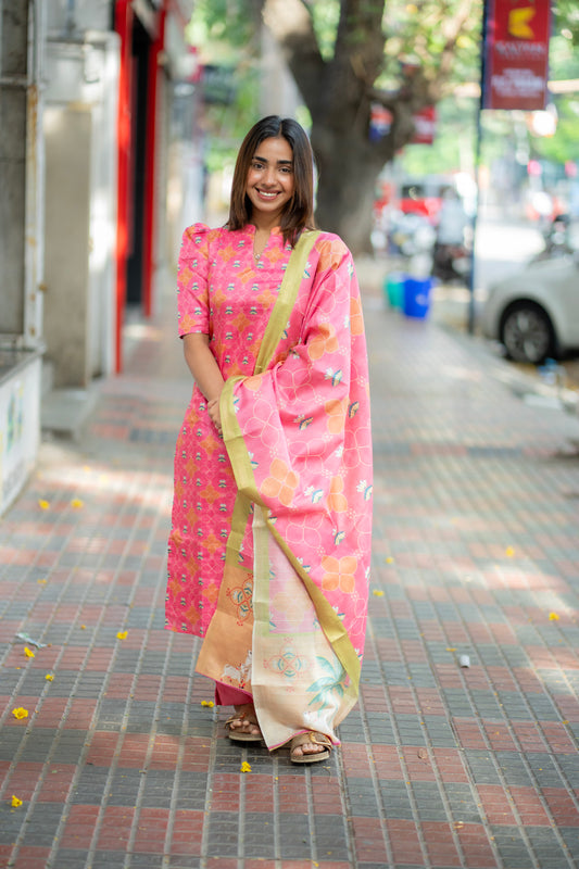AA273 Pink Kollam silk Digital print Salwar Set