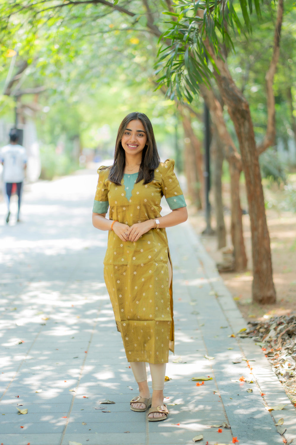 AA181A Mustard with Teal Blue Combo Shimmer Silk Kurti(Warning:Don’t Iron Directly)
