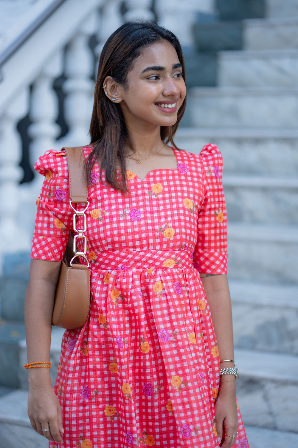 AA269 Red Checks Floral Kota Maxi