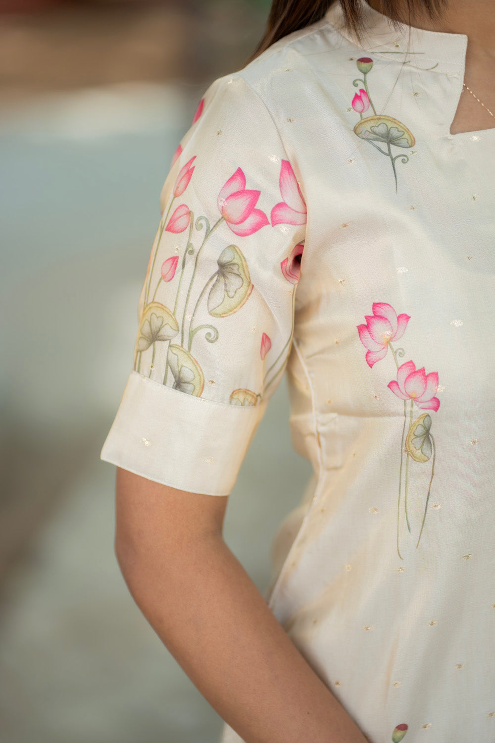 AA274 White with Golden motifs Shimmer Silk Lotus Print Kurti