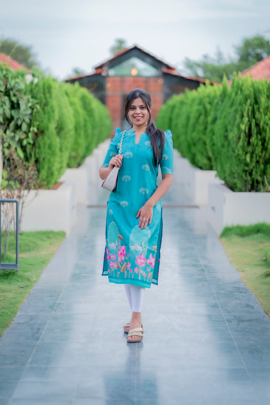 AA054 Blue Pichwai Tussar Silk Kurti
