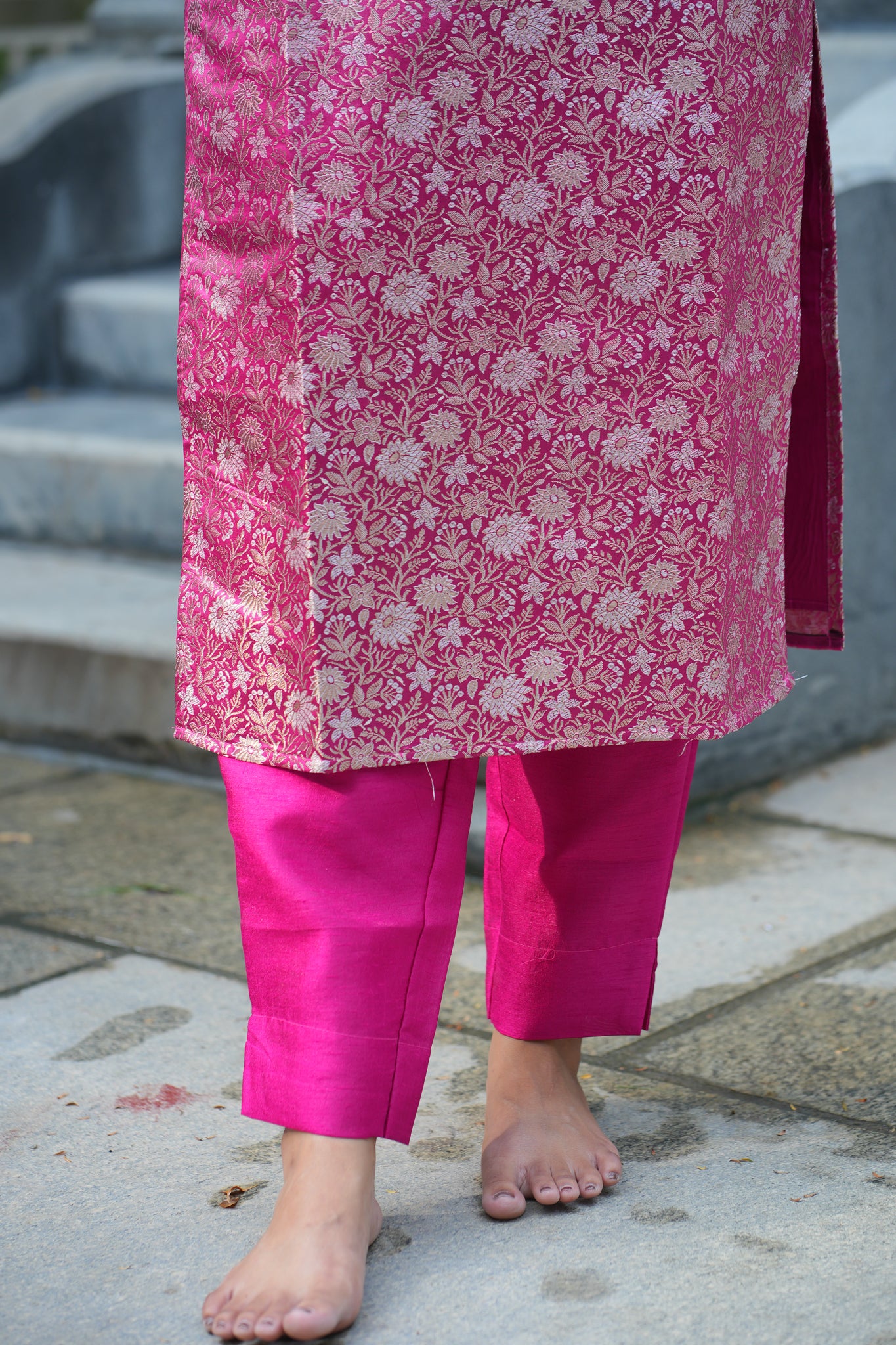 AA125 Rani Pink Brocade Silk(3 PC set )with Organza Dupatta