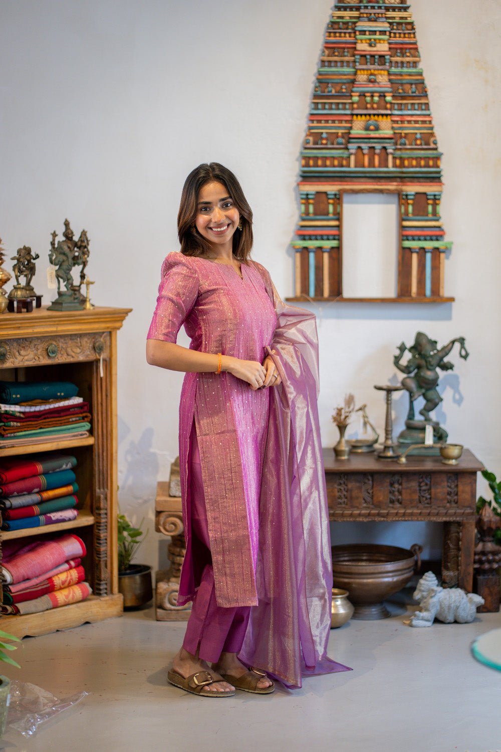 AA303 Purplish Pink Crush Silk Salwar Set with Shiny Tissue Silk Dupatta(crepe Lining)
