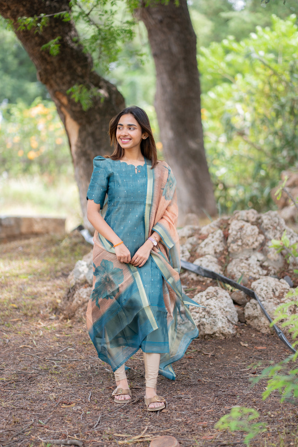 AA297 Teal Blue Chanderi Tissue Silk With Stripes & Golden Motifs Kurti with Dupatta