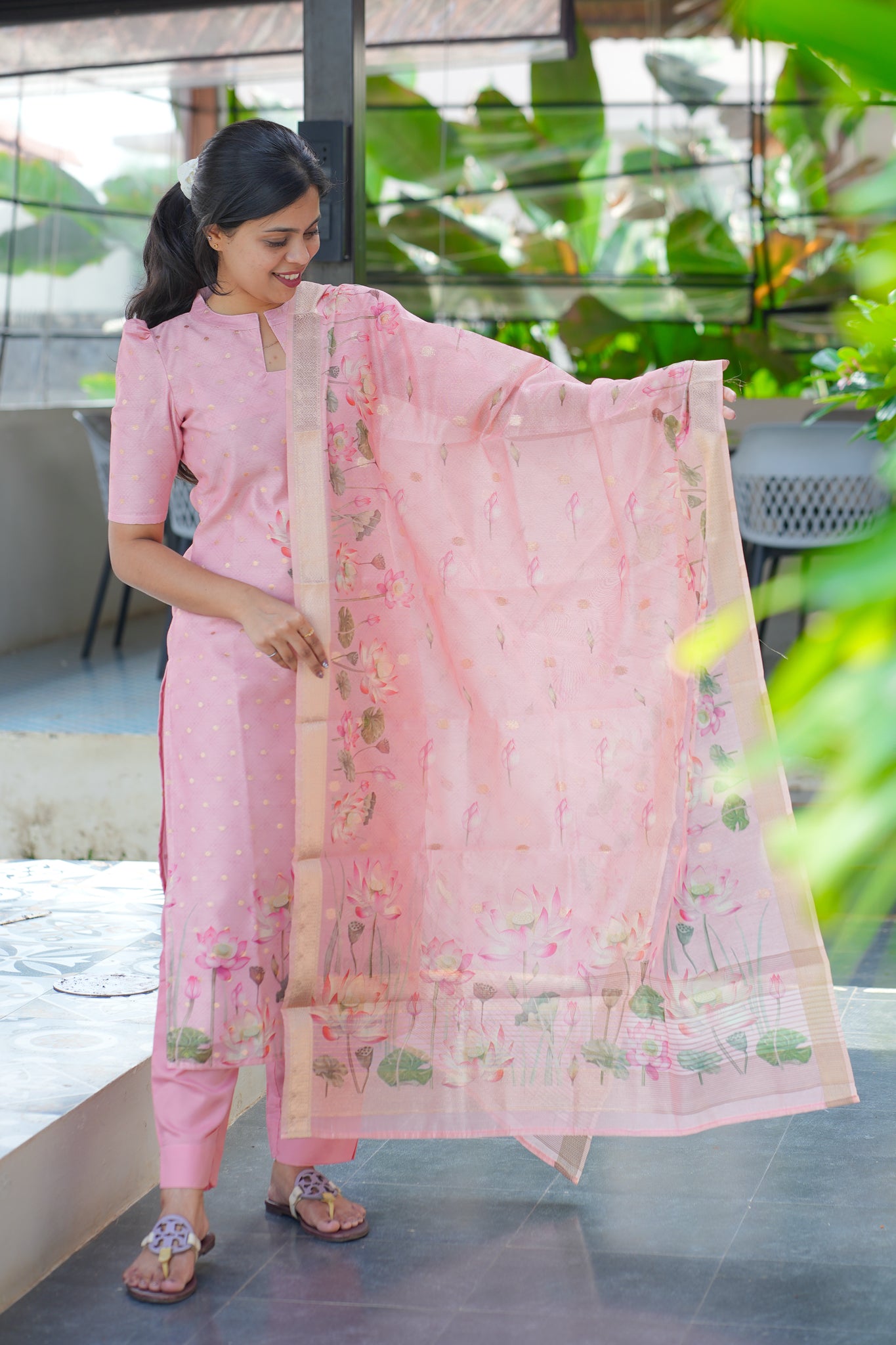 A126 Pink Lotus ShimmerSilk with Banarasi Weaving 3 Pc Set