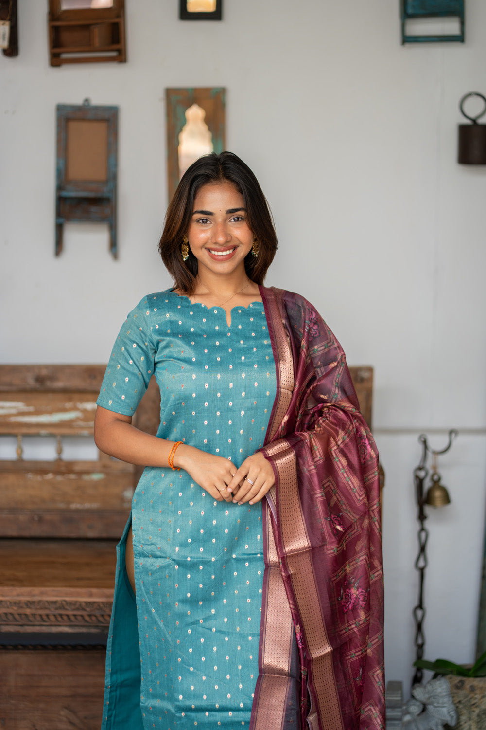 Blue Raw Silk Kurti with Beautiful Motifs paired with Organza Dupatta