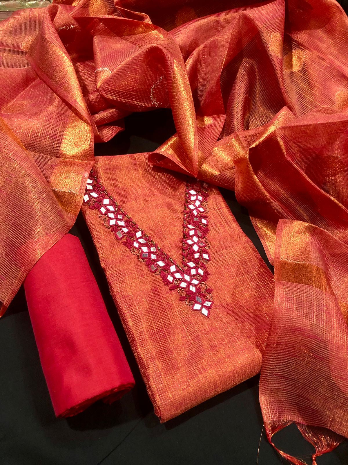 Red Tissue Silk Salwar Material (3 PC set)