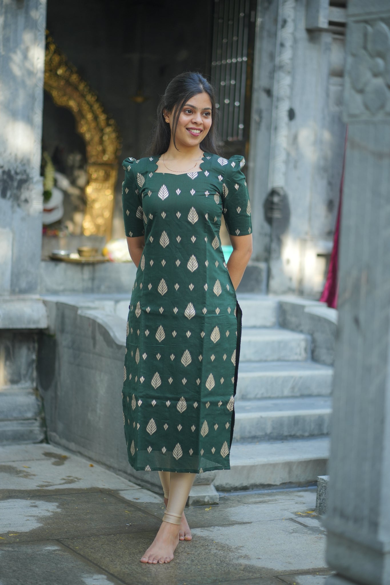 AA110 Bottle green Jacquard Silk Kurti with Red Orange Dupatta