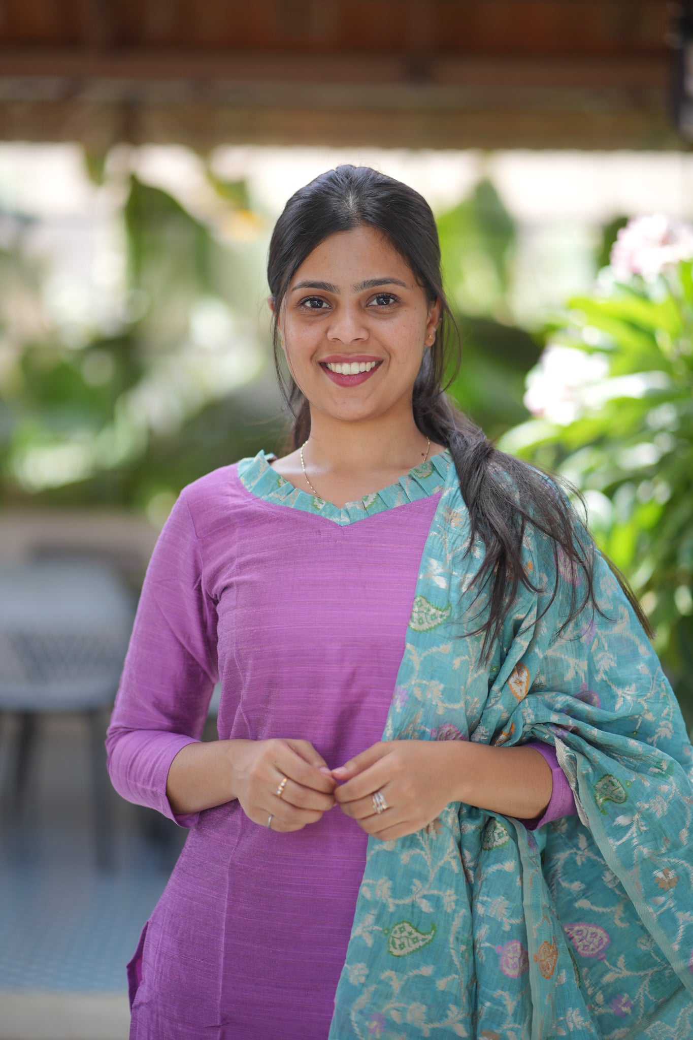 AA111 Lavender Raw Silk Kurti With Blue Jacquard Dupatta