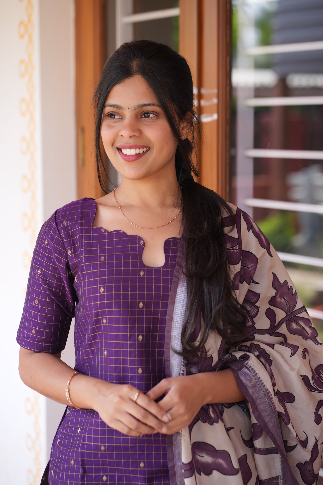 AA164 Violet Raw Silk Kurti with Kalamkari Dupatta
