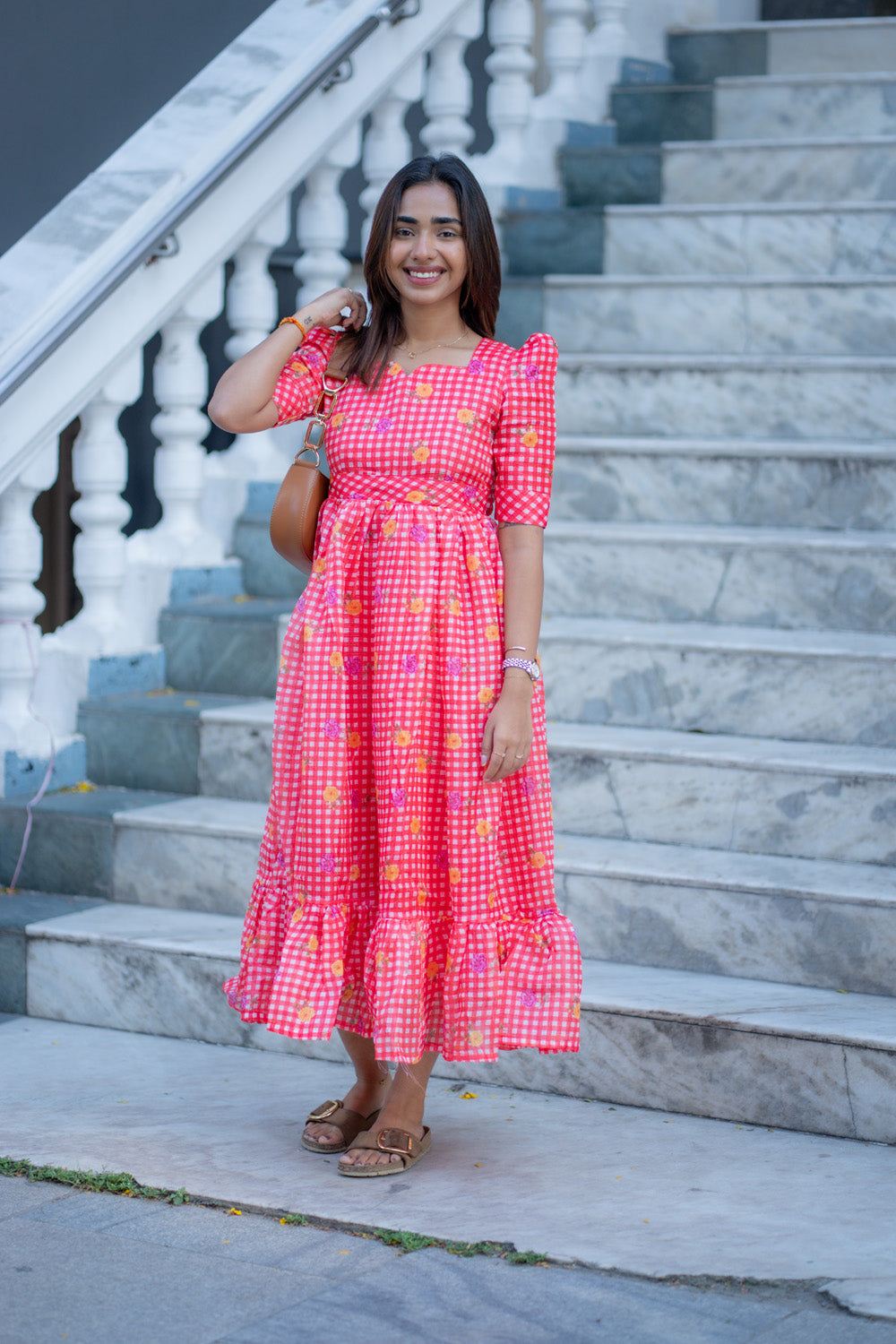 AA269 Red Checks Floral Kota Maxi
