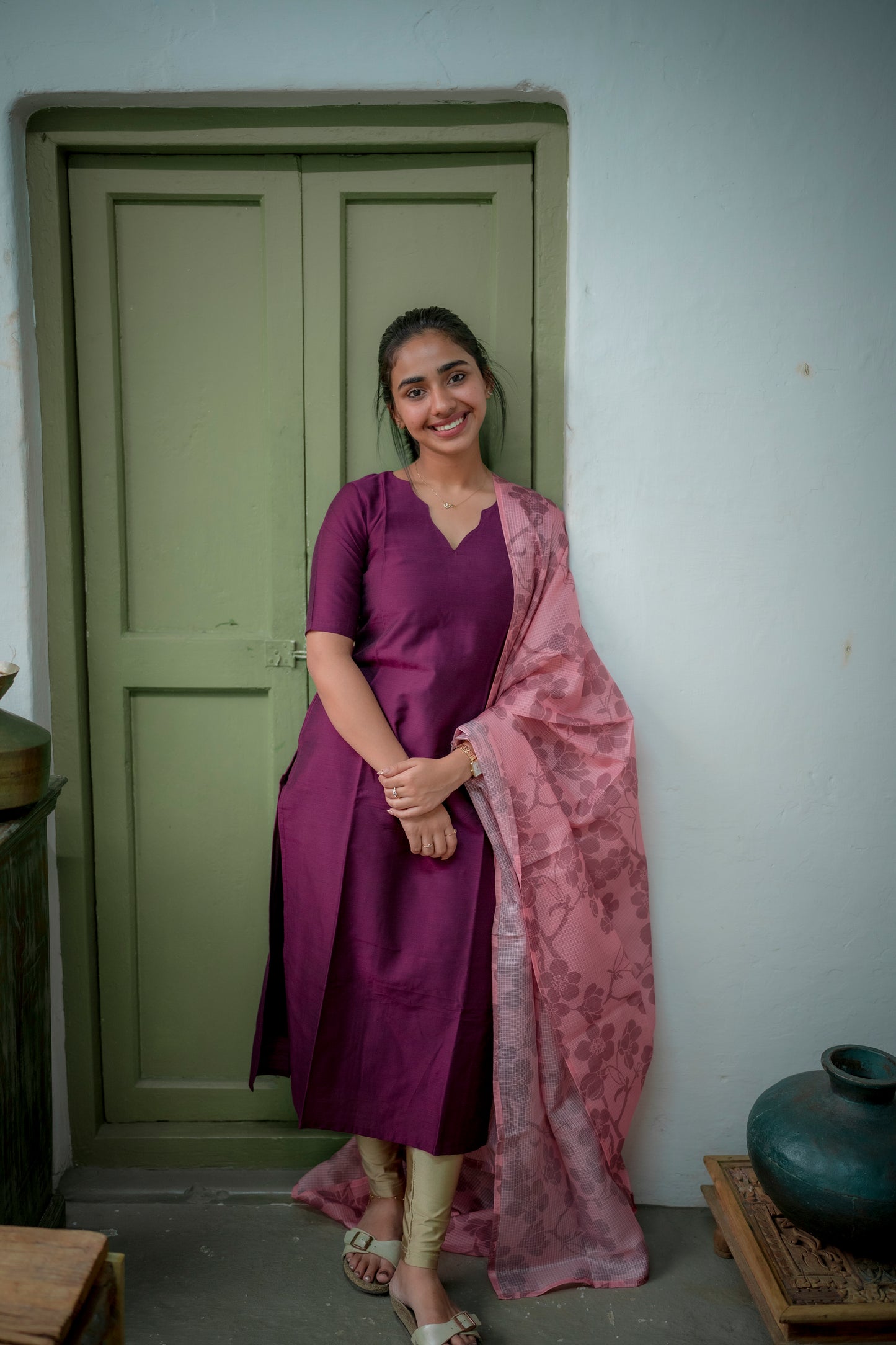 AA076 Magenta Purple Raw Silk Kurti with Kota Dupatta