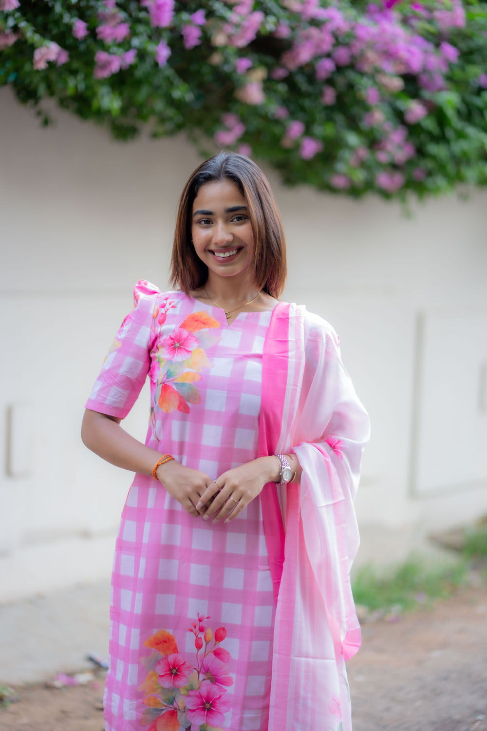 AA245 Pink Checks Floral Cambric Cotton 3 Pc Set