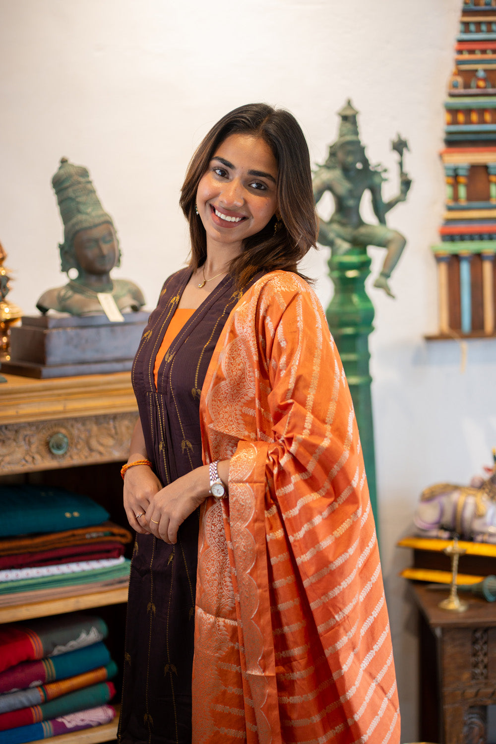 Brown Parrot Print Raw Silk Kurti & Pant  with Orange Jacquard  Silk Dupatta (Neck & Sleeve Patched with Orange Silk Fabric)