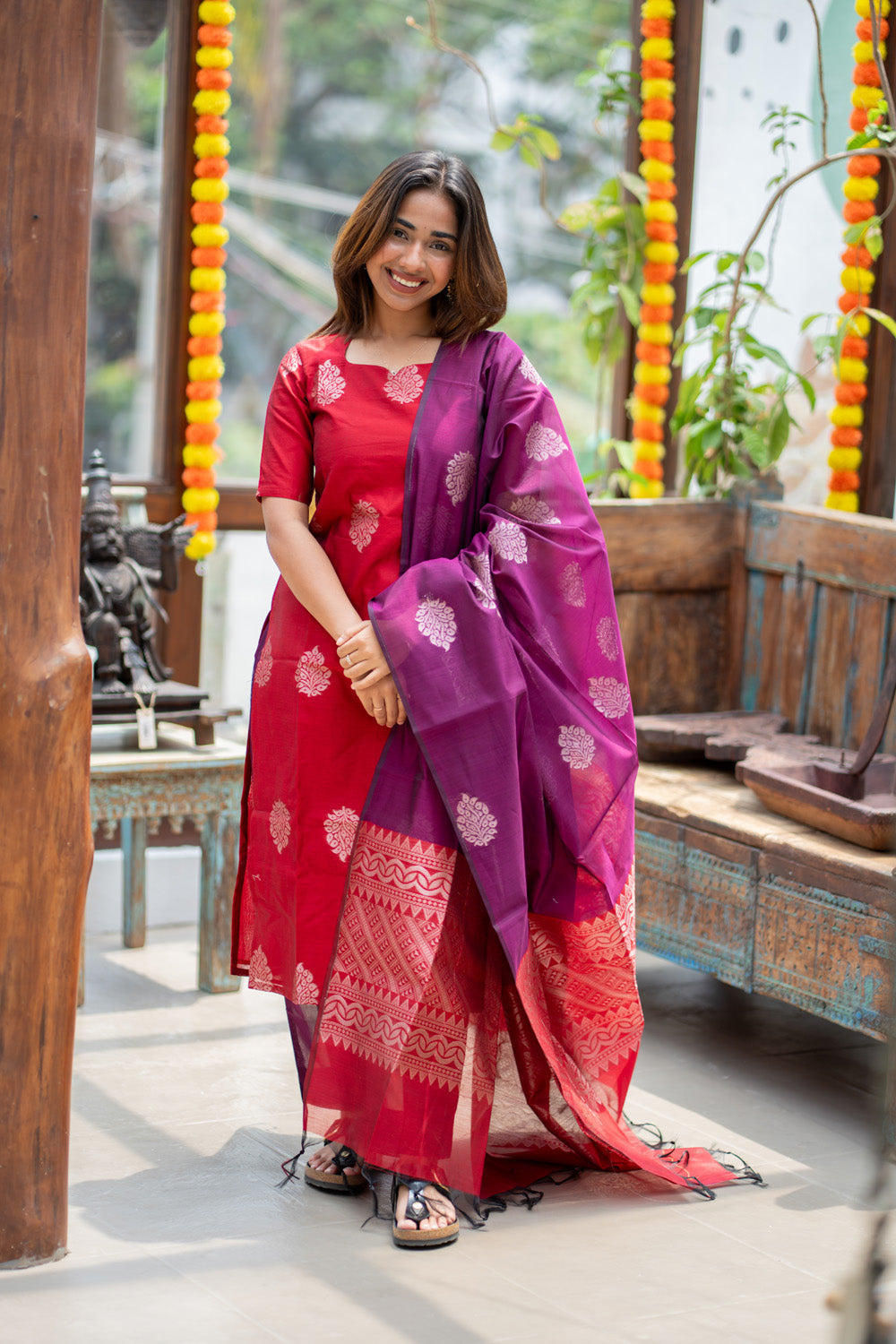 AA310 Red with Violet Combo Silk Cotton Salwar Set(with Silver Jari Design)(provided lining for top & pant)