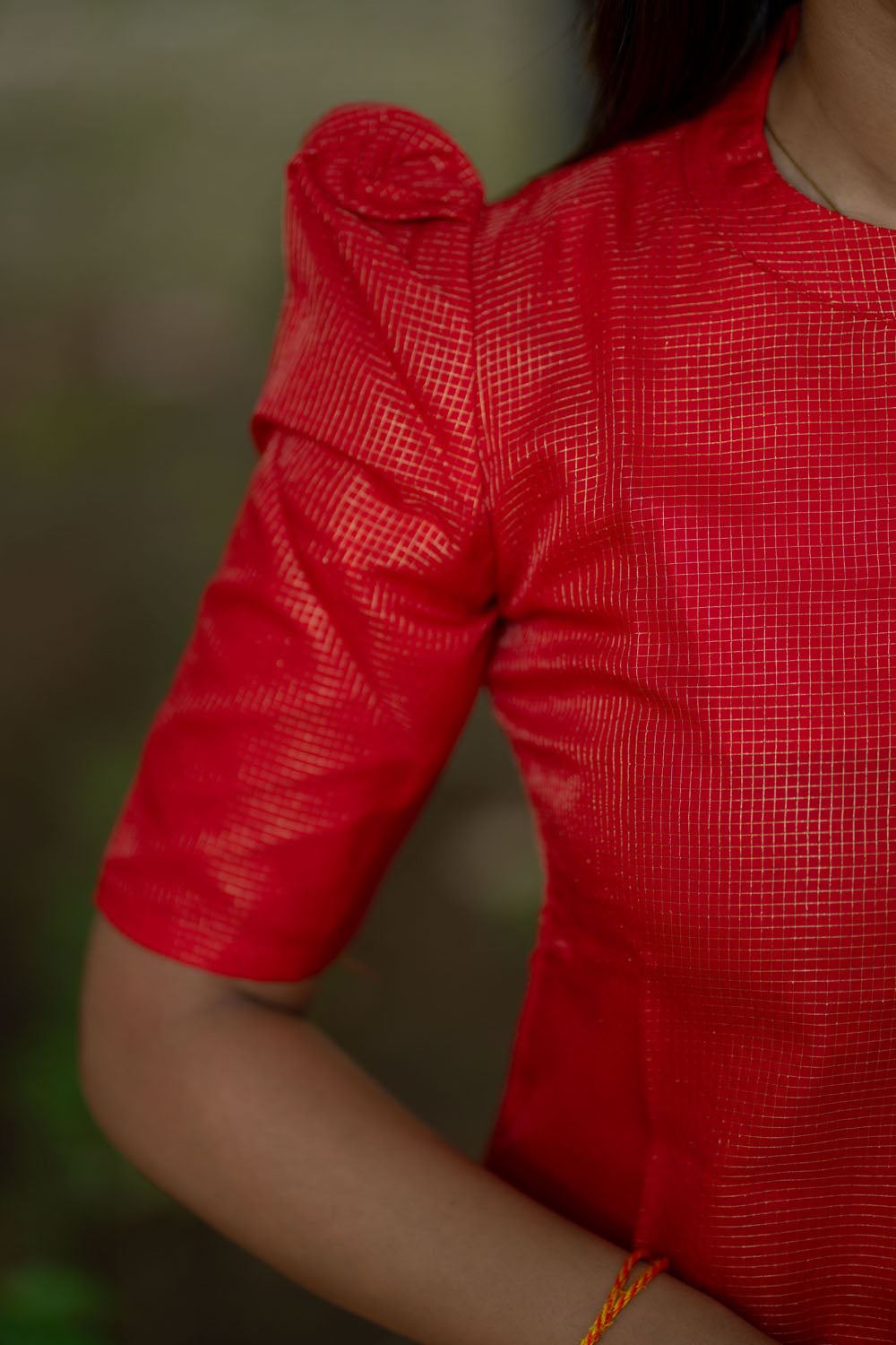 AA244 Red Checks Tissue Silk Kurti with Golden Dupatta