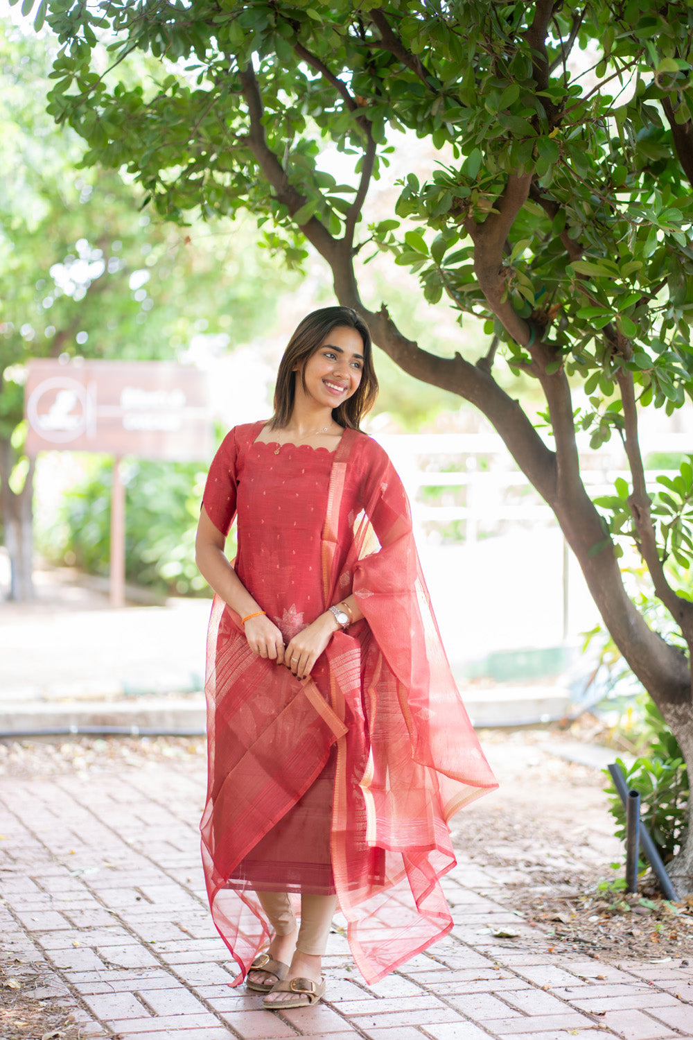 AA296 Red Chanderi Tissue Silk With Golden Motifs Kurti with Dupatta