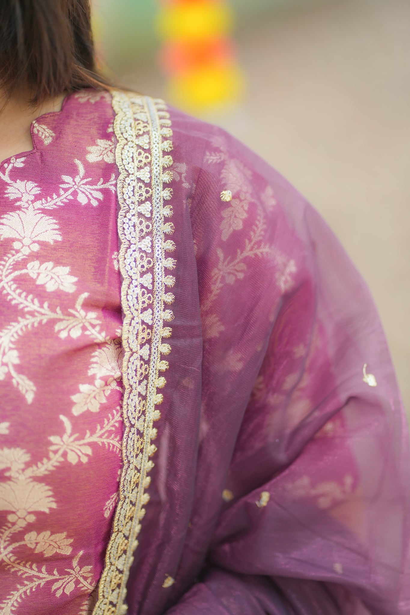 AA162  Wine with Golden Floral Zari Weaving Tissue Silk Kurti with Organza Sequence Dupatta