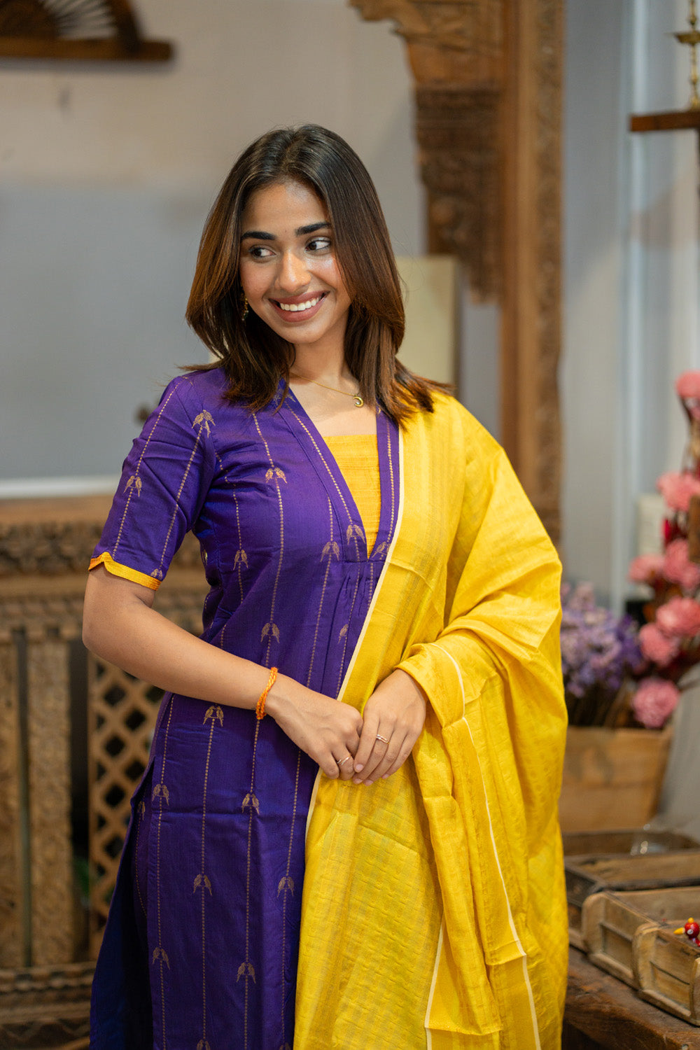 AA309 Violet Parrot Print Raw Silk Kurti & Pant  with Yellow Silk Dupatta (Neck & Sleeve Patched with Yellow Silk Fabric)