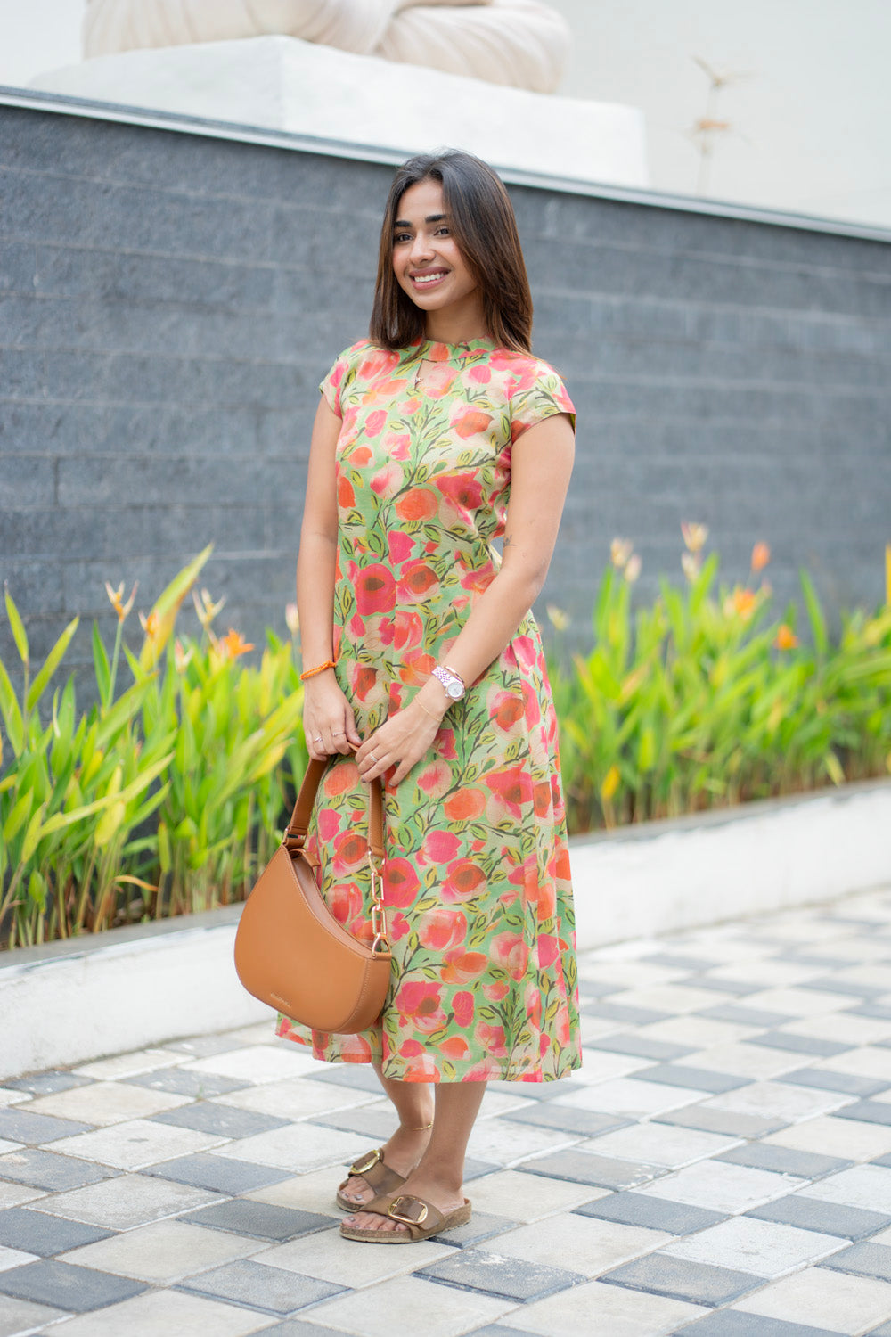 AA283  Green With Pink Floral Shimmer Silk Aline Kurti