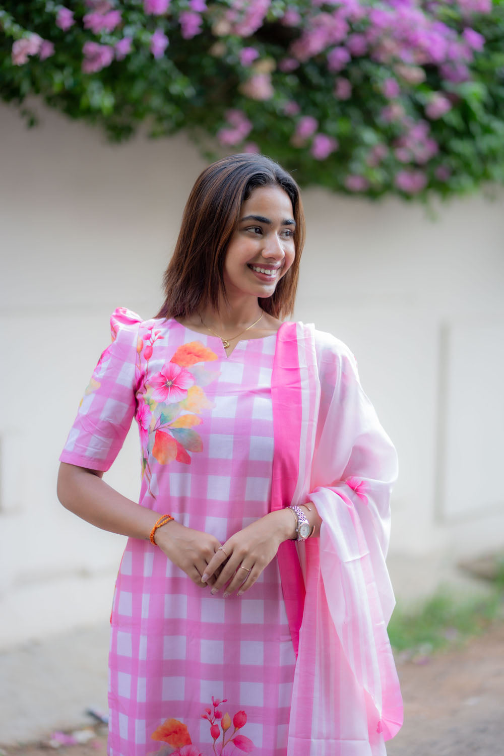 AA245 Pink Checks Floral Cambric Cotton 3 Pc Set
