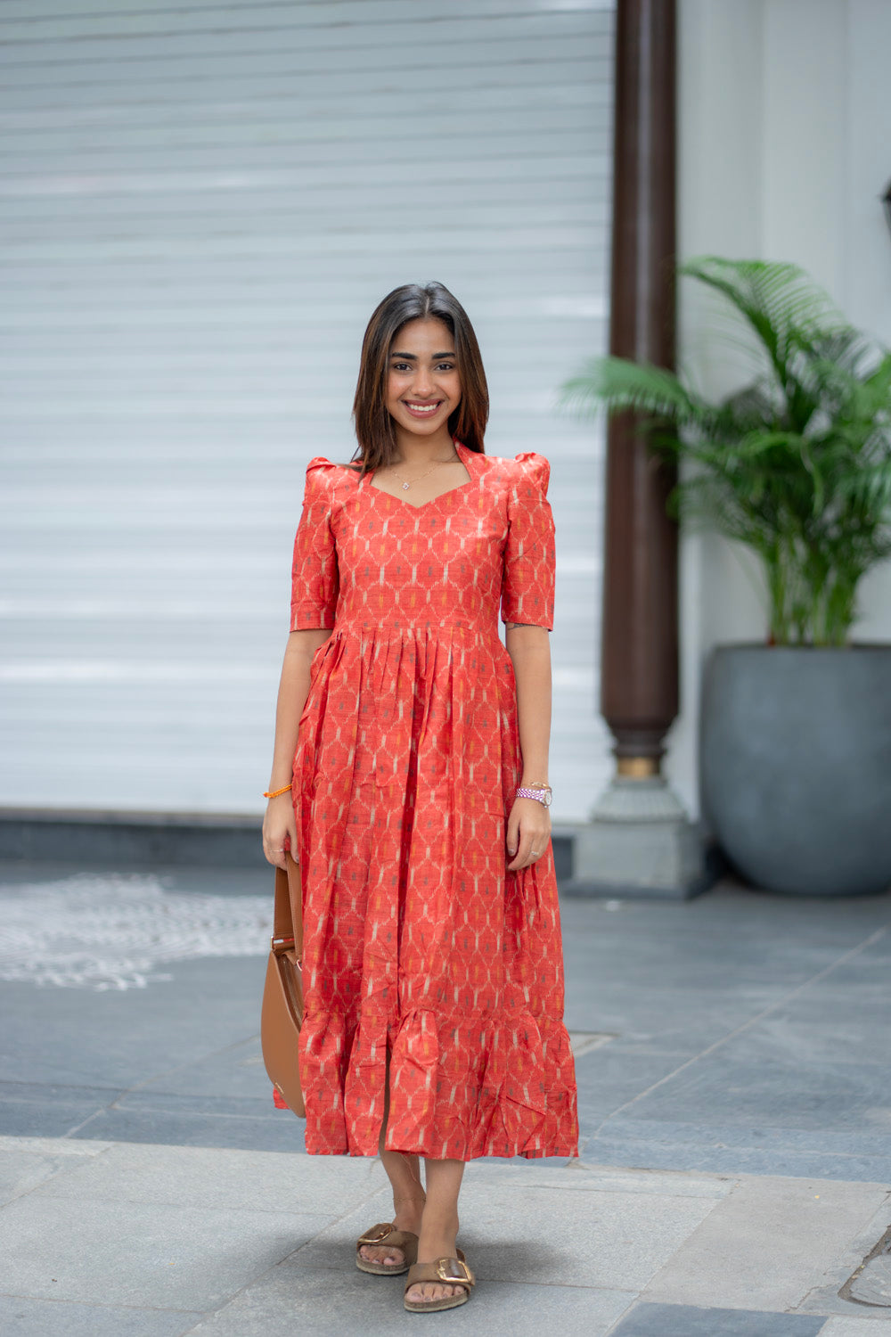 AA286 Rust Orange Ikkat Print Maxi