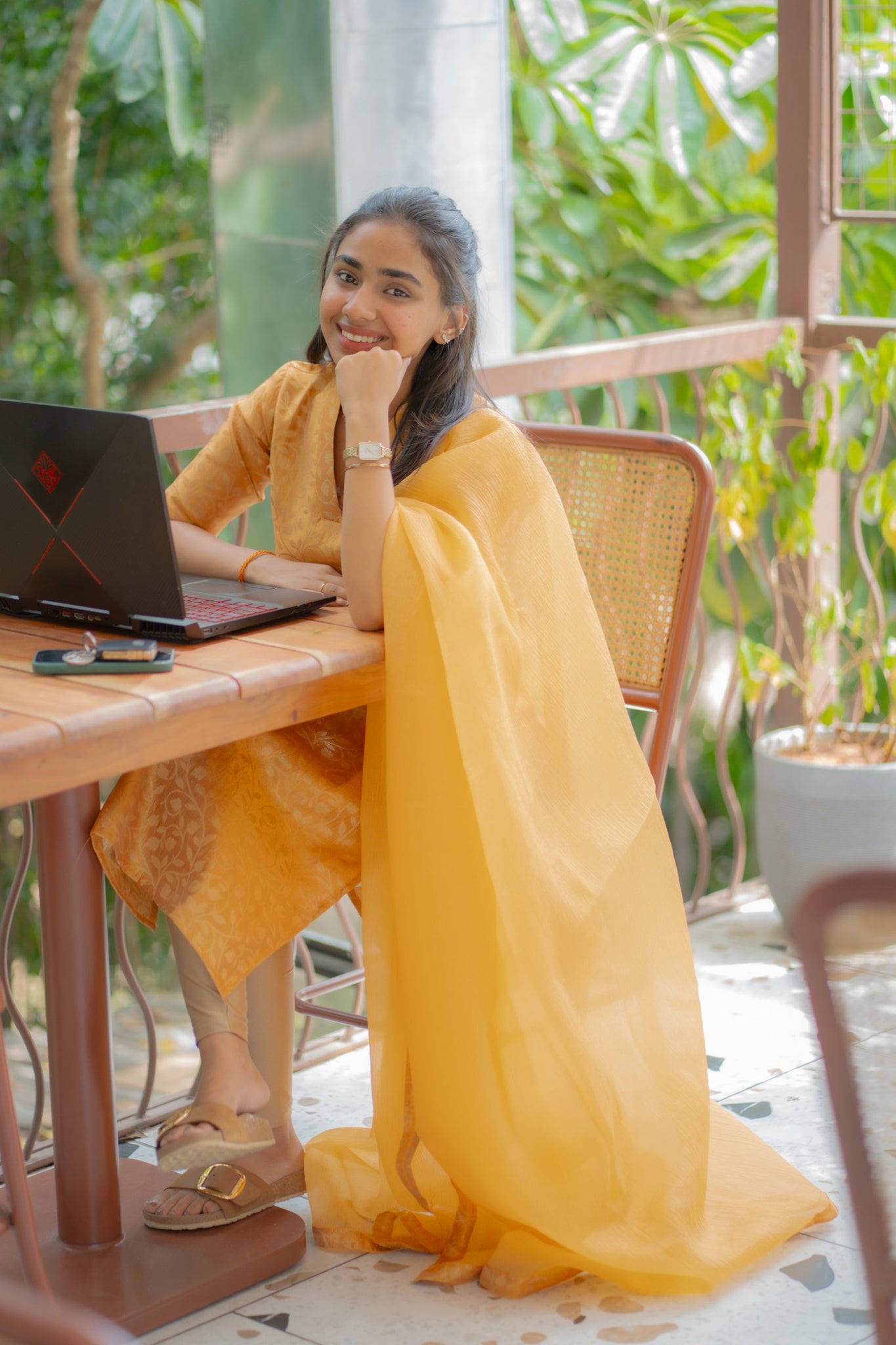 A144 Pastel Orange Floral Brocade Kurti with Crush Silk Dupatta
