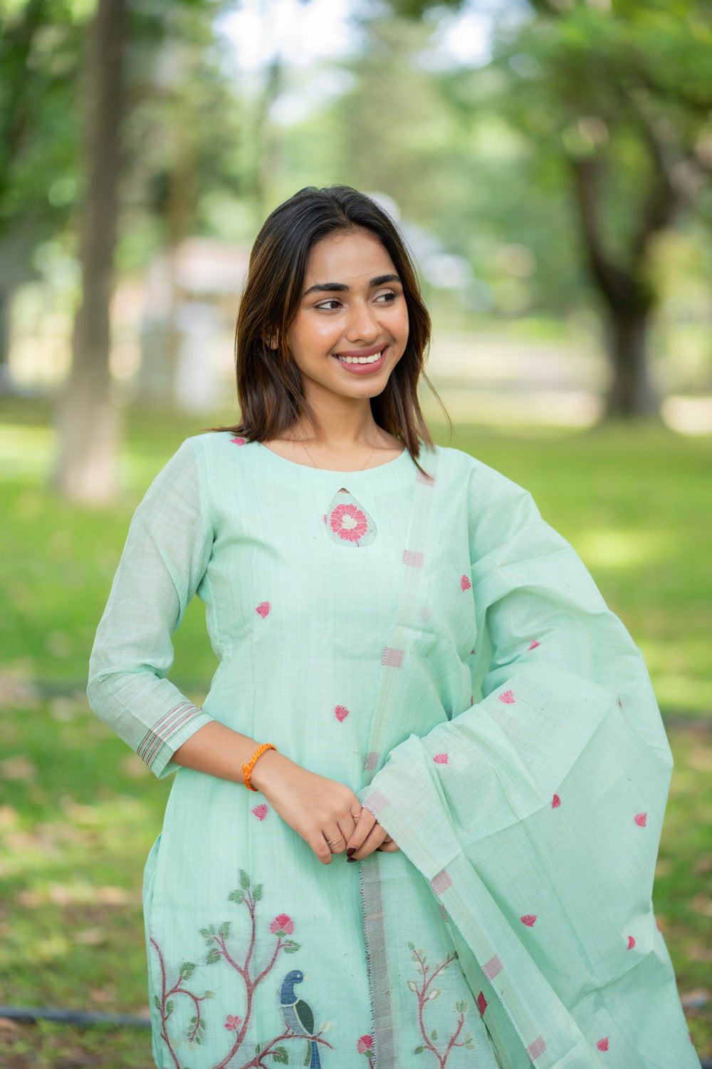 AA293 Blue Linen Jamdhani Salwar Set with beautiful Floral,Elephant,Peacock Prints