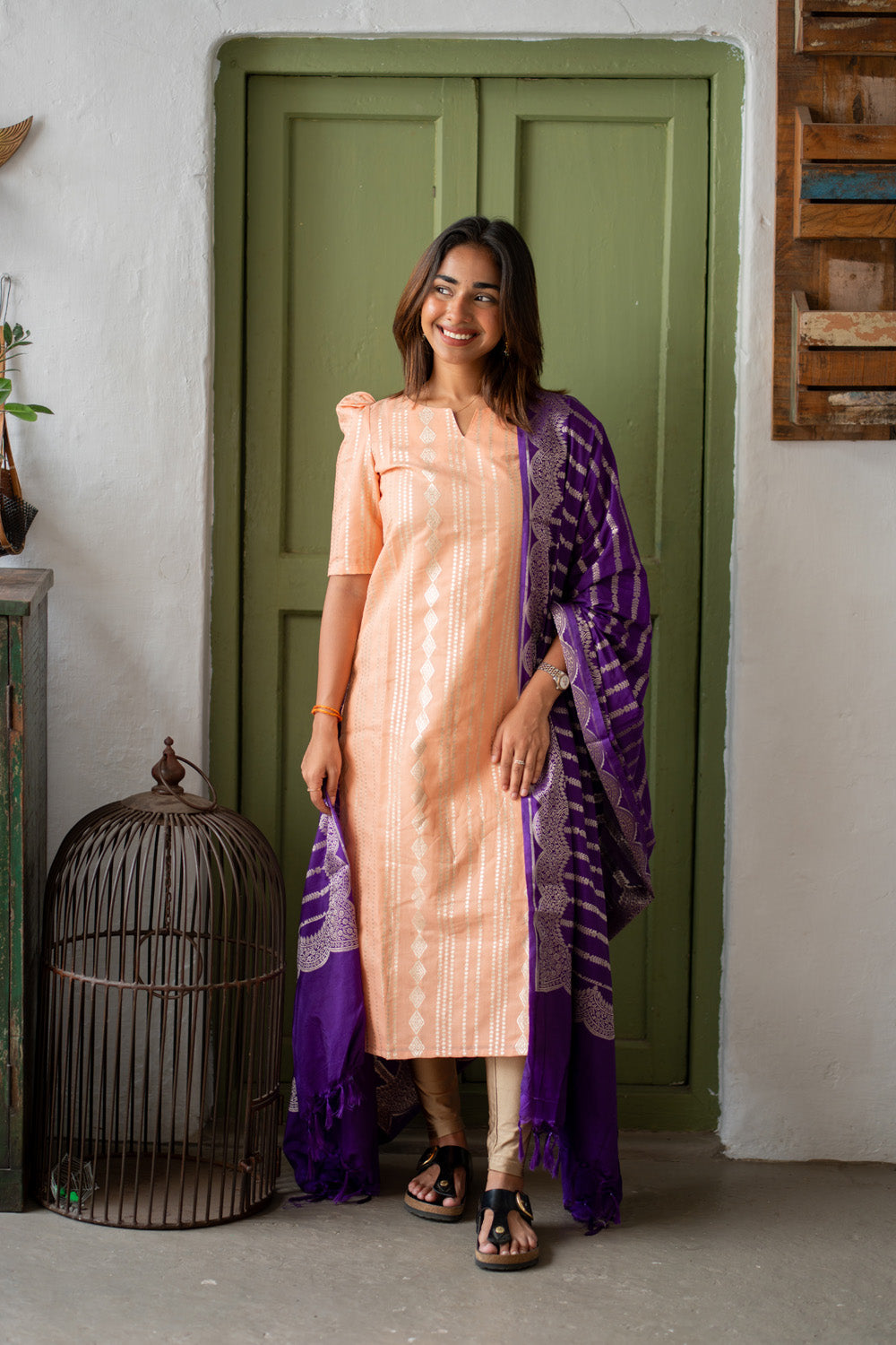 Peach Chanderi Diamond Stripes & Butta Kurti with Violet Banarasi Jacquard Dupatta