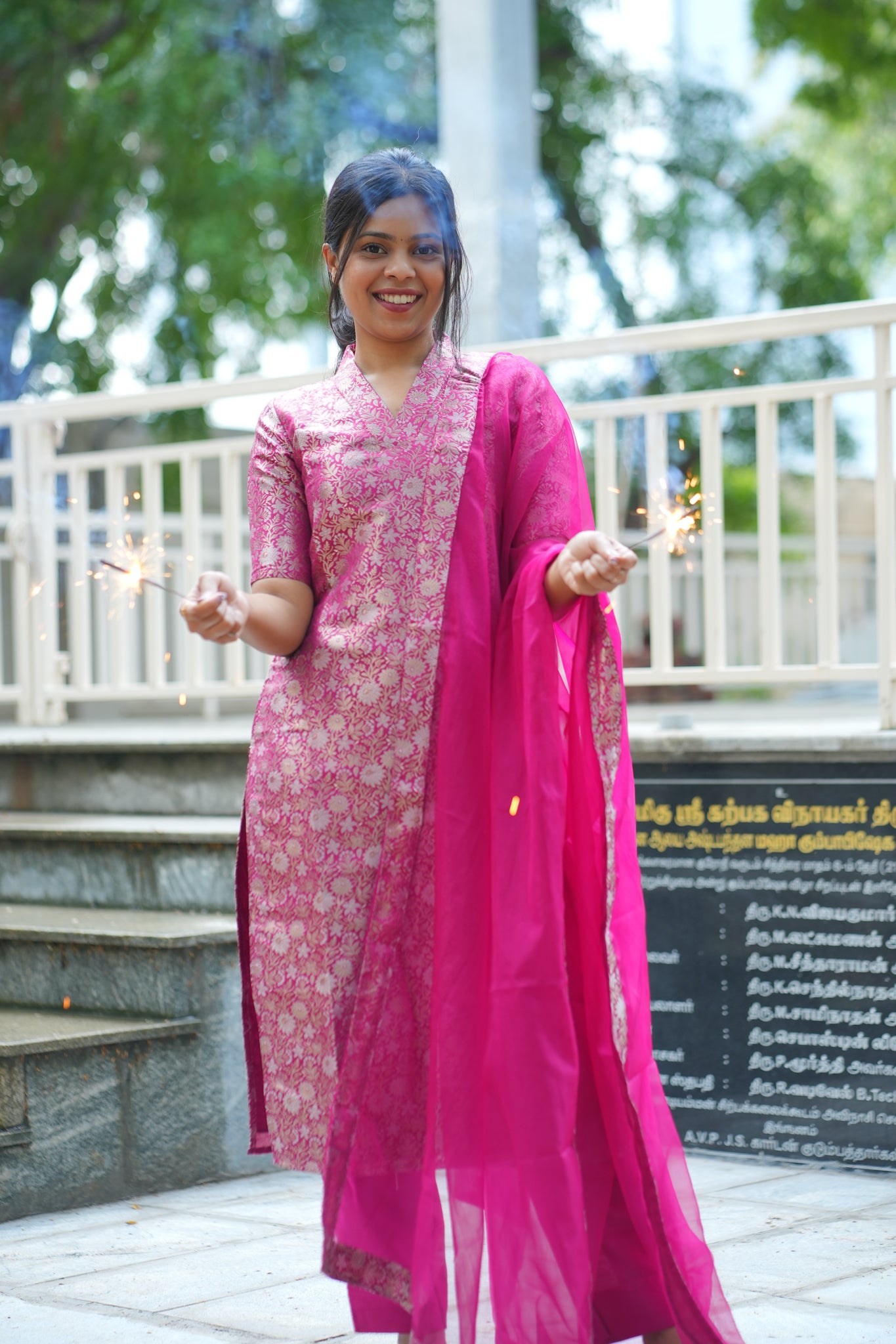 AA125 Rani Pink Brocade Silk(3 PC set )with Organza Dupatta