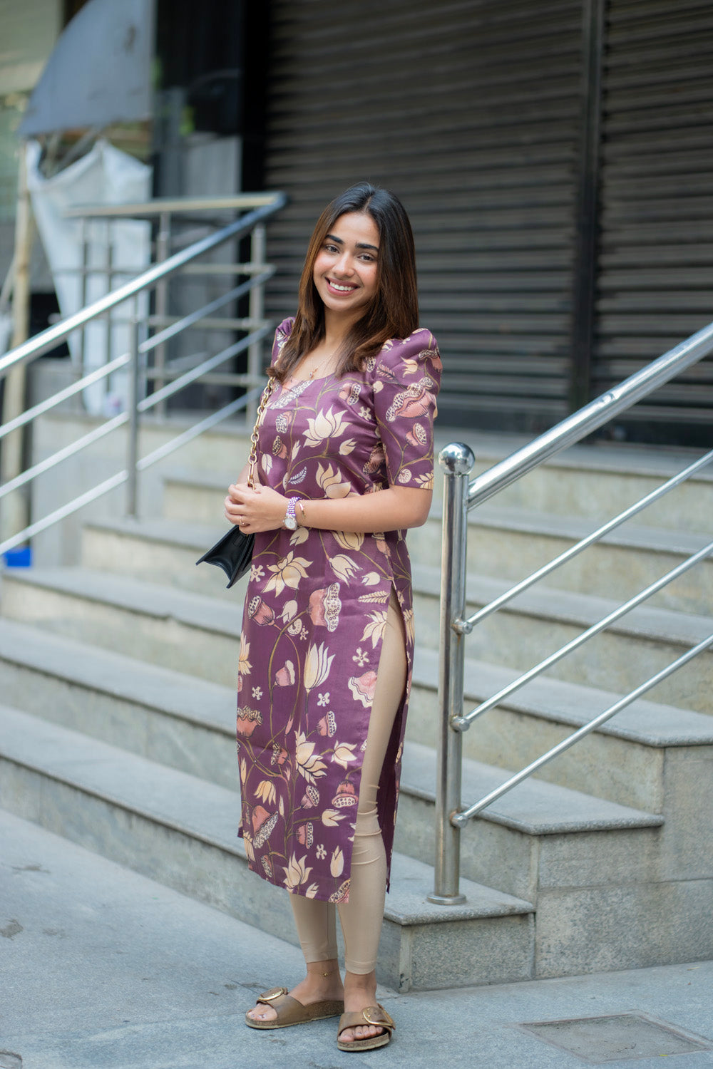 AA272 Wine Muslin Shimmer Floral Kurti