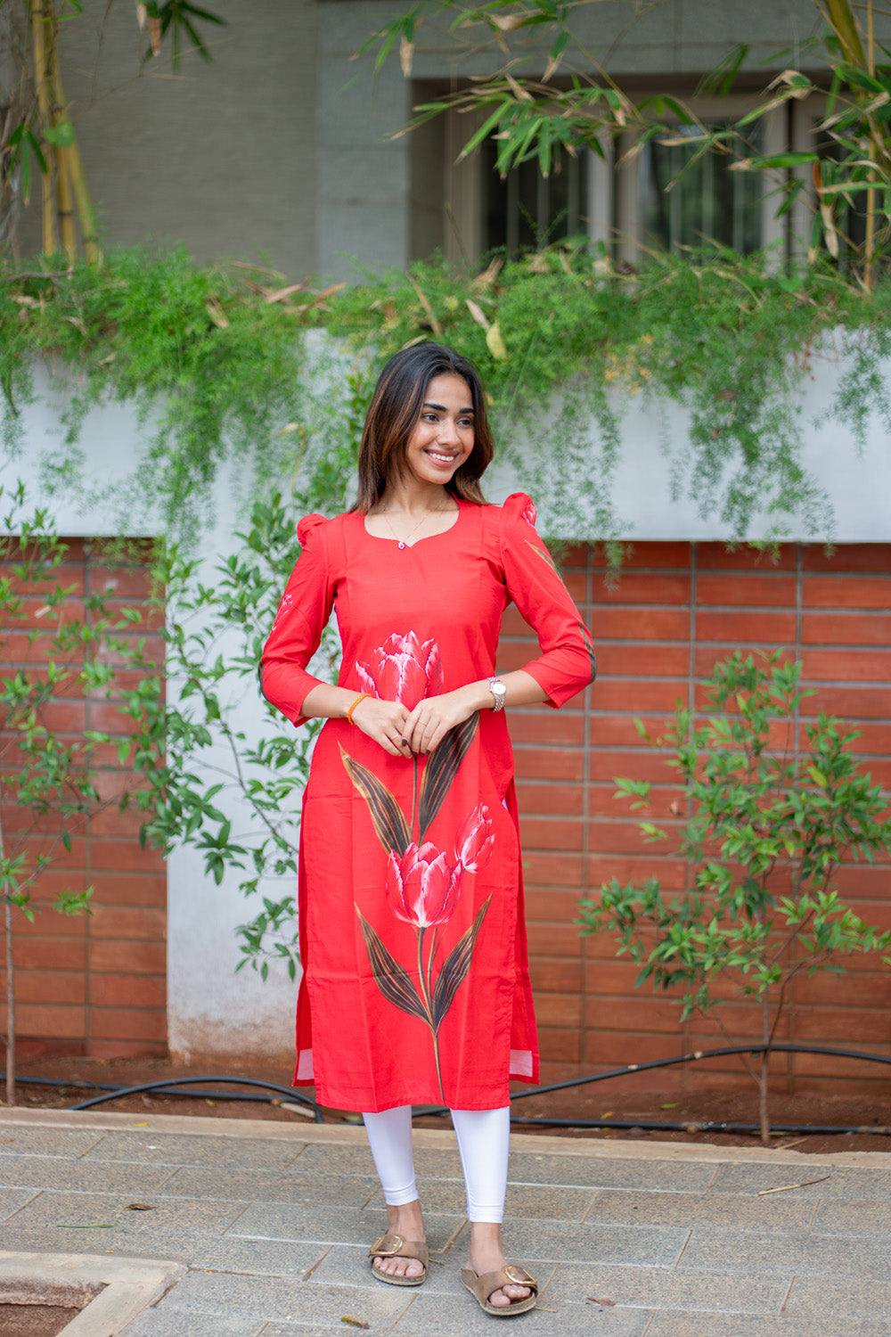 AA301 Corel Red Tulip Print Muslin Silk Kurti