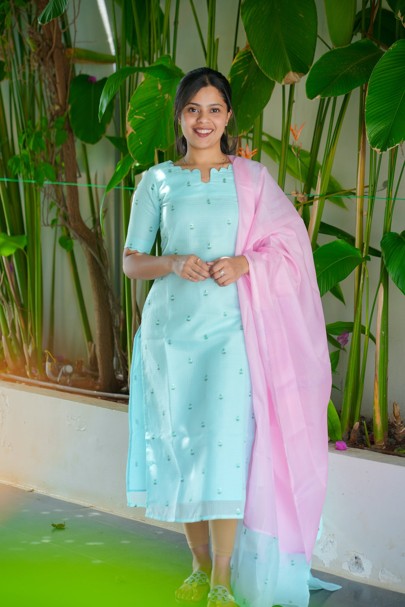 AA129 Blue Kota Kurti with Pink Kota Dupatta