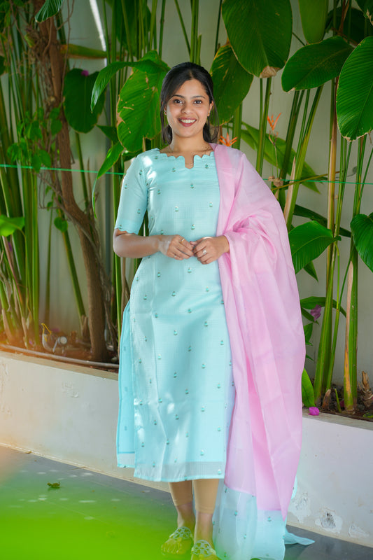 AA129 Blue Kota Kurti with Pink Kota Dupatta