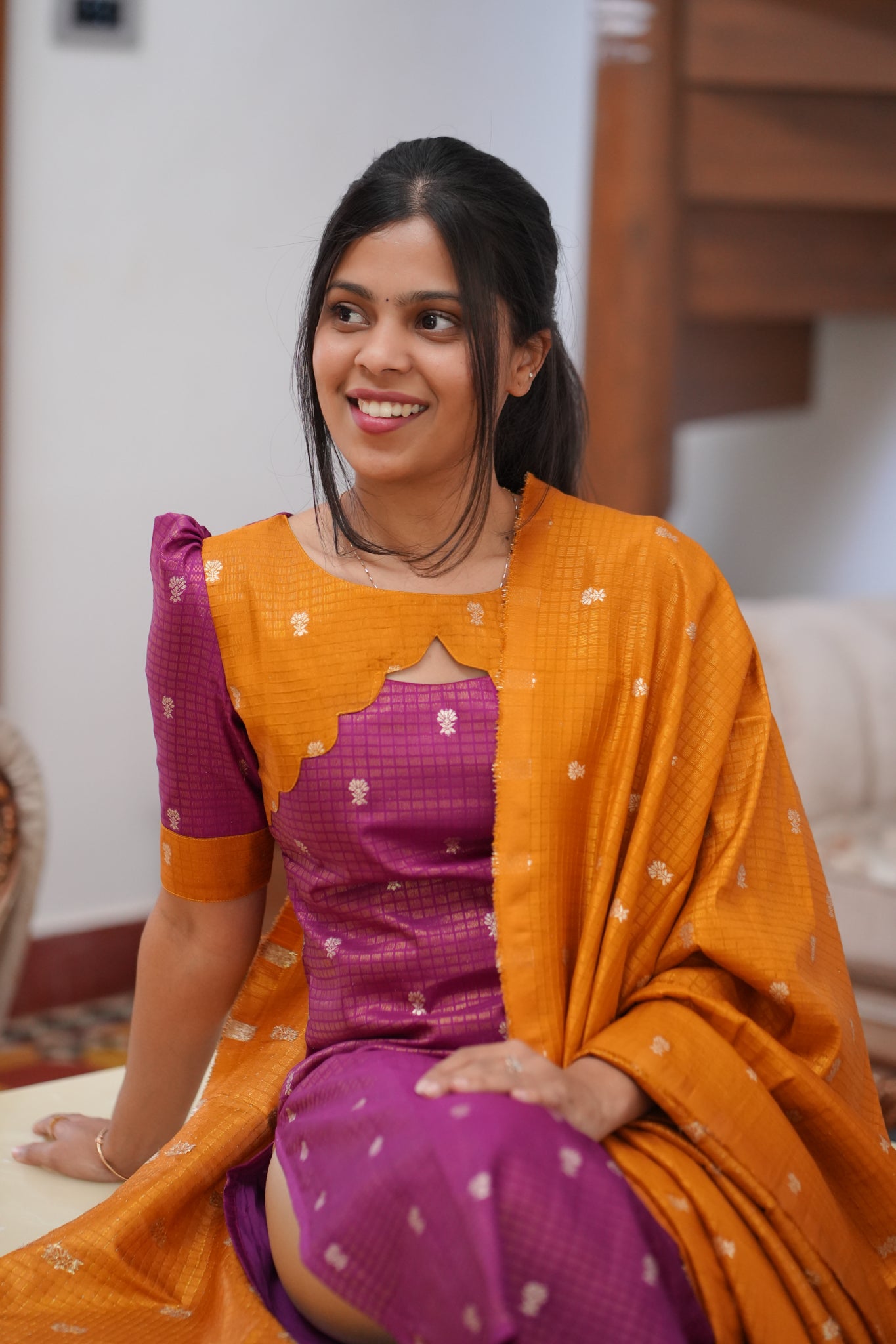 AA159 Violet with Mustard Yellow Combo Dude Silk Kurti with Dupatta