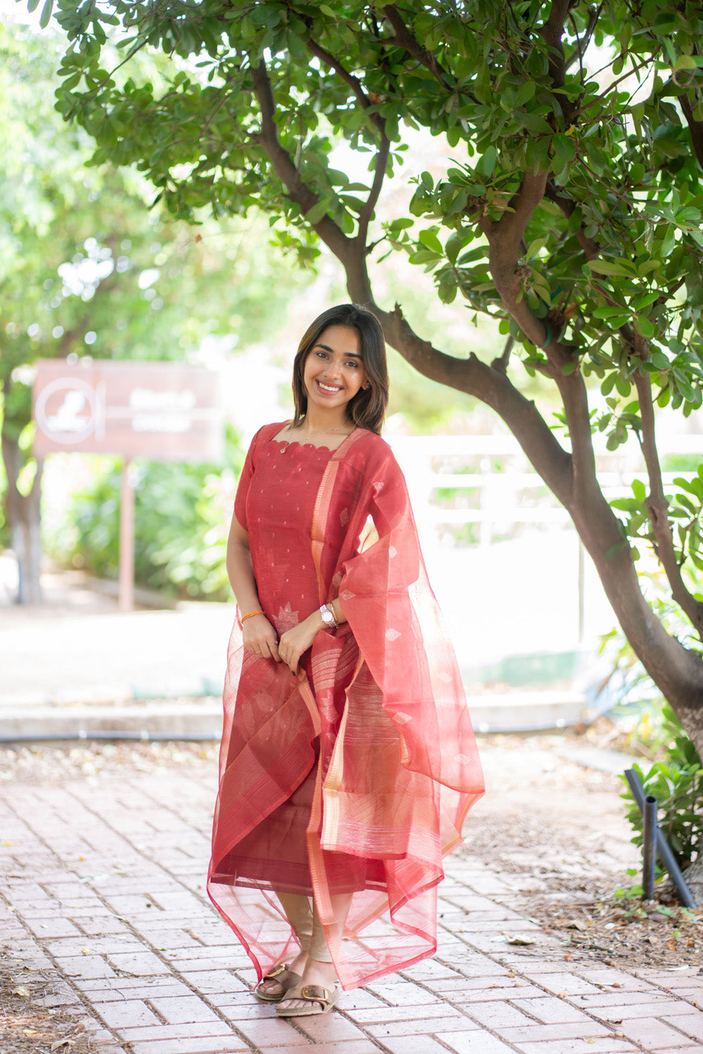 AA296 Red Chanderi Tissue Silk With Golden Motifs Kurti with Dupatta