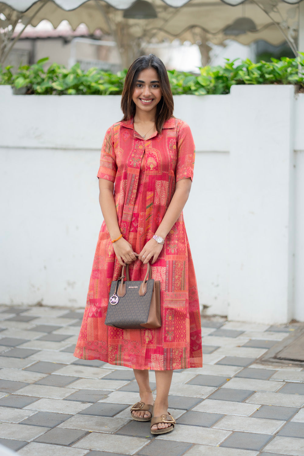 AA288 Coral Red with Multi Prints Shimmer Silk Aline Kurti