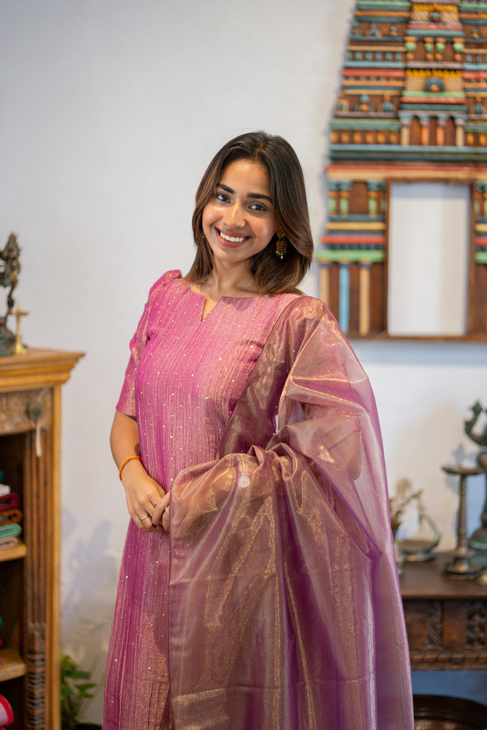 AA303 Purplish Pink Crush Silk Salwar Set with Shiny Tissue Silk Dupatta(crepe Lining)