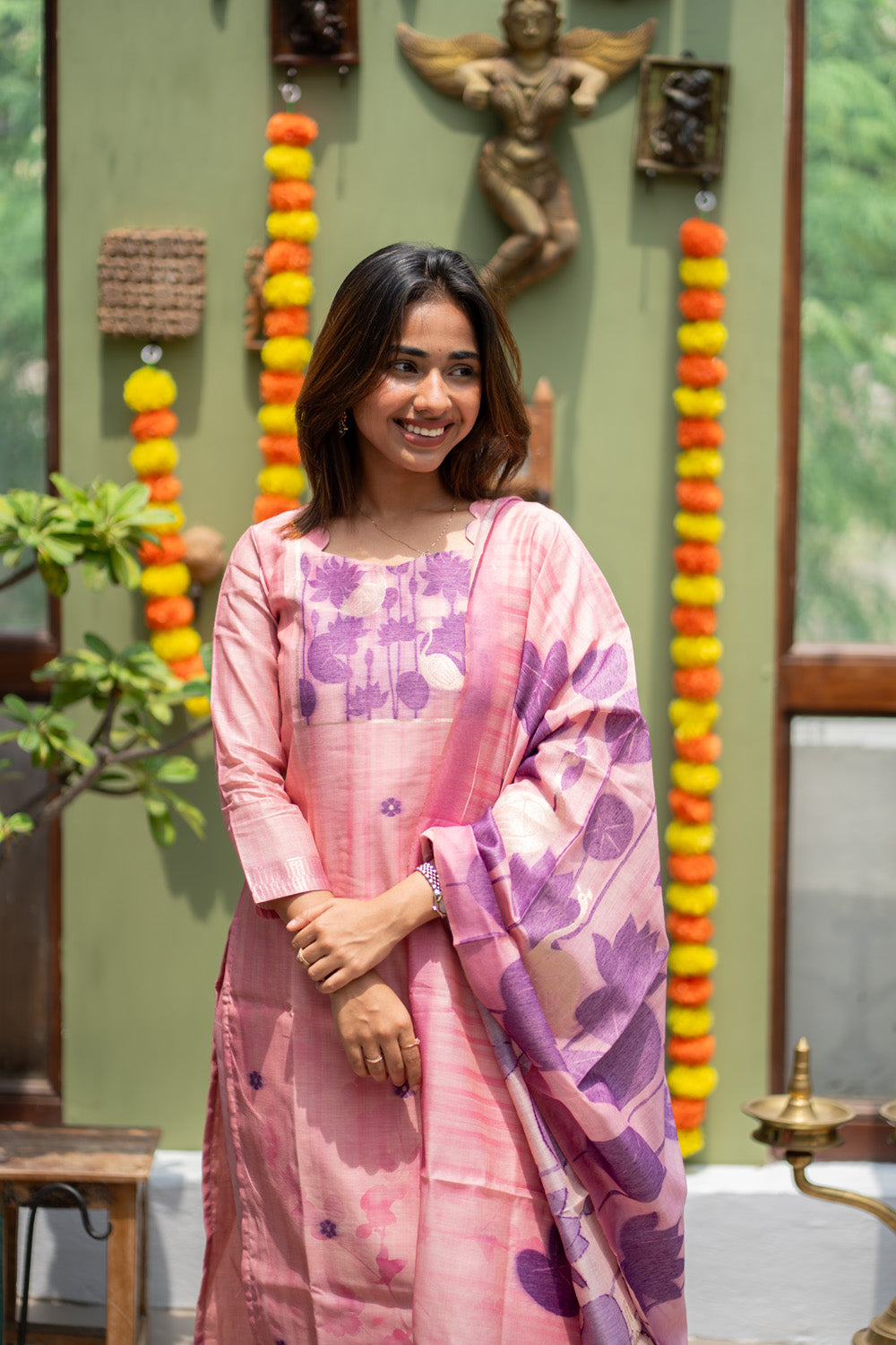 Pink with Purple Combo Swan & Pichwai Print Jamdhani Silk Salwar Set
